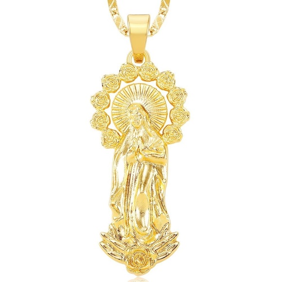 Jewelry - 14k Gold Plated Womens Mens Link Chain And Virgin Mary Pendant Necklace 18”